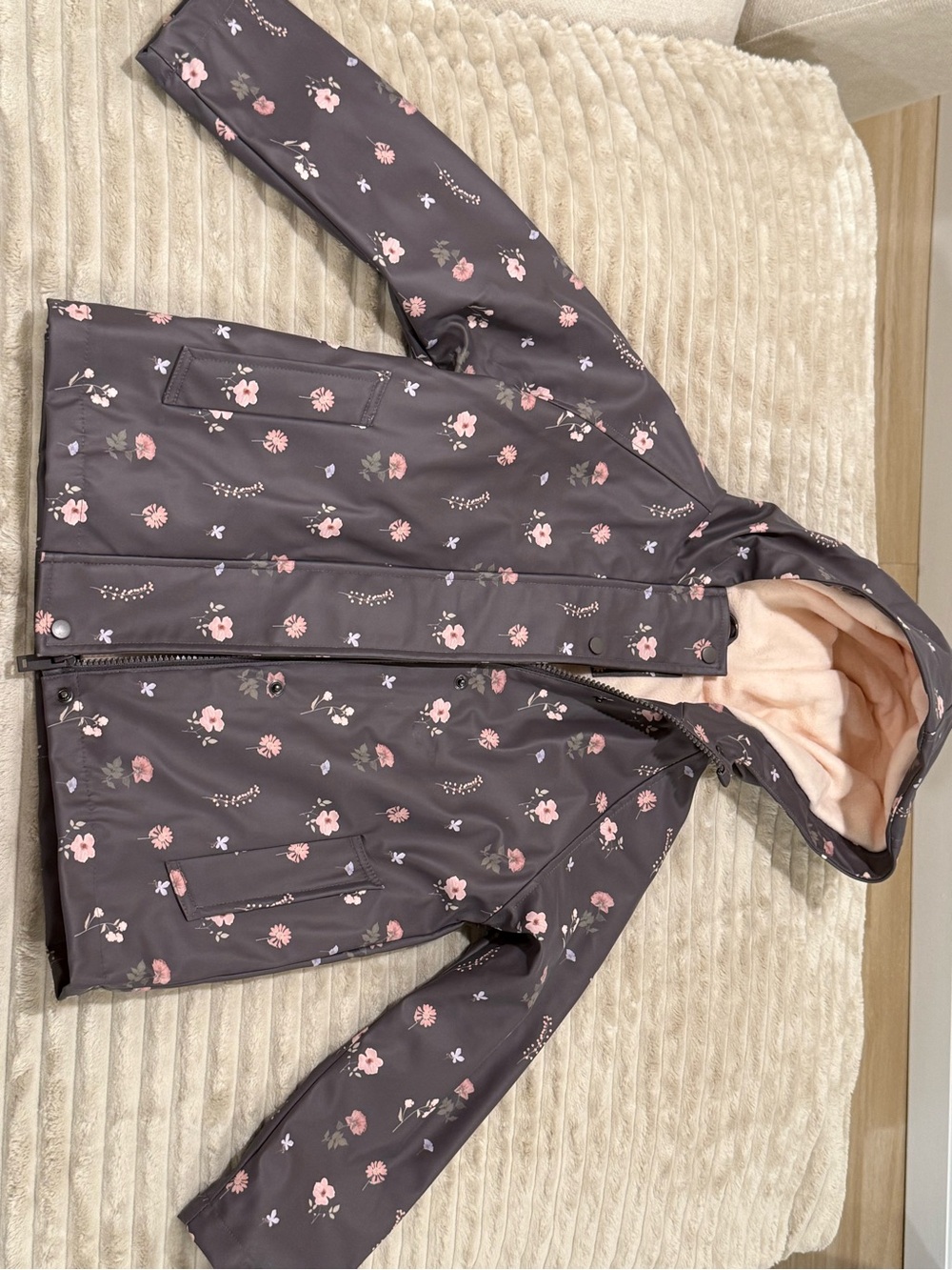 Primark Charcoal Floral Hooded Raincoat with Pink Lining